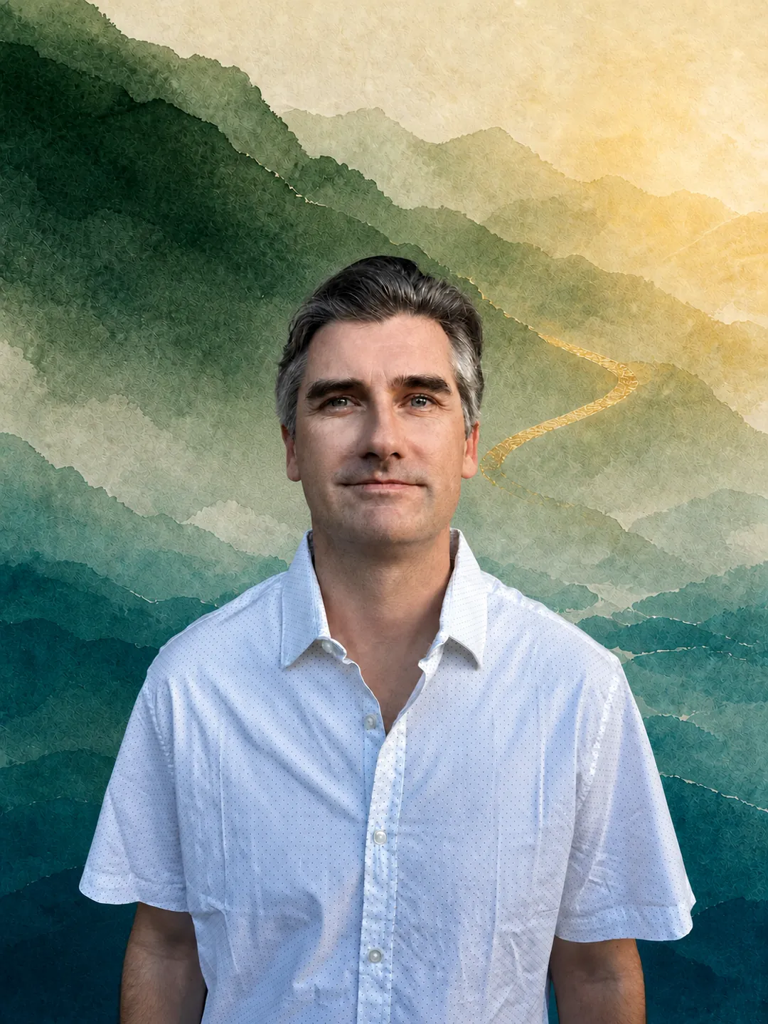 Ryan Corbett wearing a white shirt against an illustrated mountain-to-sea background in teal, aqua, and gold.