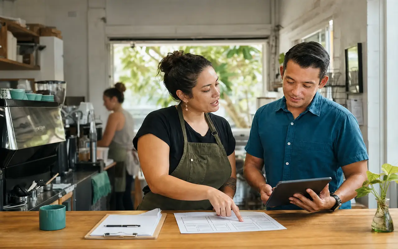 Hawaii small-business owner and Website partner reviewing a Website wireframe at a café counter.