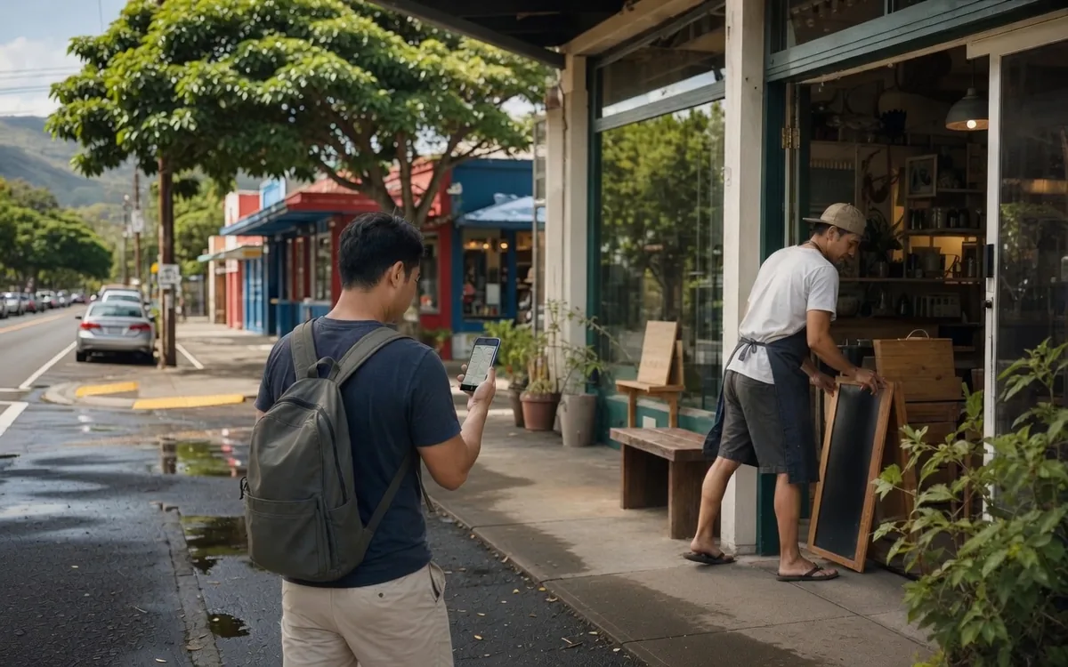 Person checking a phone while approaching a small storefront as the owner prepares to open.