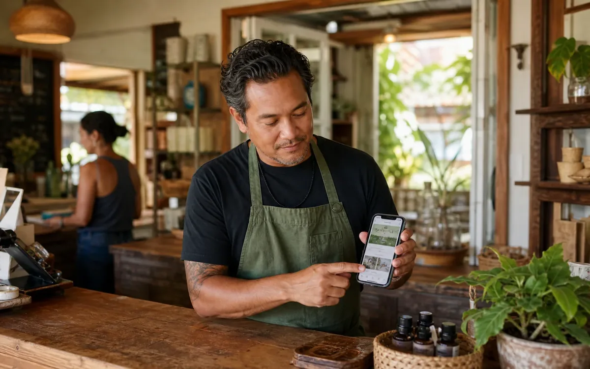 Small-business owner reviewing a website on a smartphone behind the counter of a local shop.