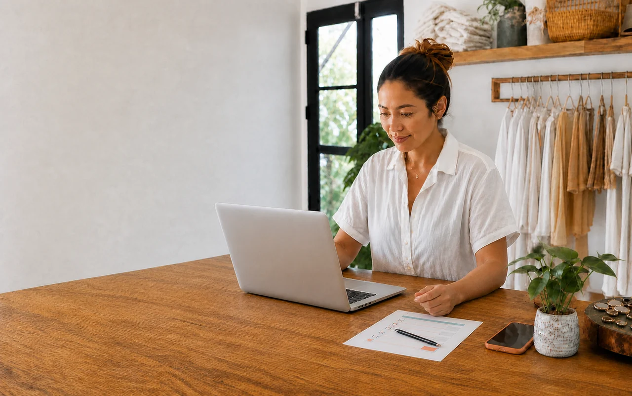 Hawaii small-business owner reviews a website redesign checklist beside a laptop.