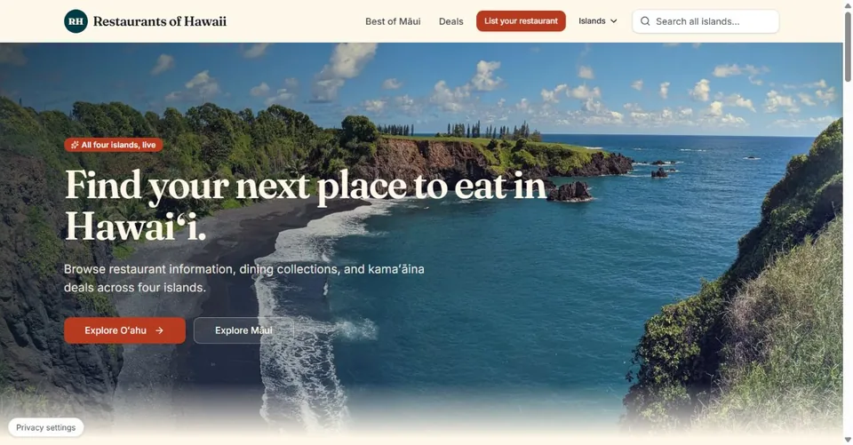 Restaurants of Hawaii homepage.